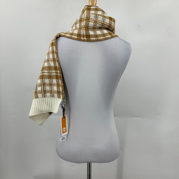 Timberland Knit Scarf Women 62X10 Spice Cream Buffalo Plaid Cozy Soft Rib Trim - Picture 6 of 16